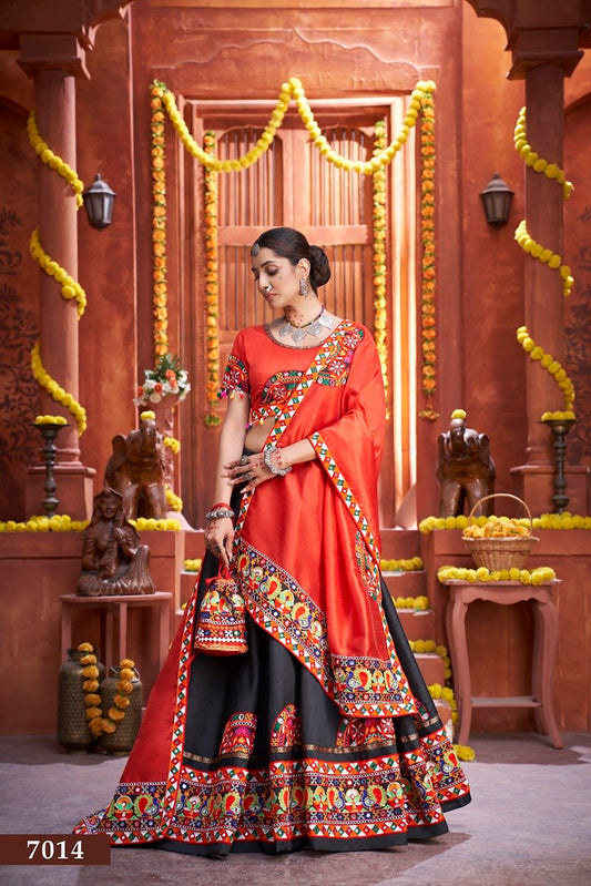 Red Rajwadi Gamthi Butta Lace Mirror Hand Work Navratri Lehenga Choli