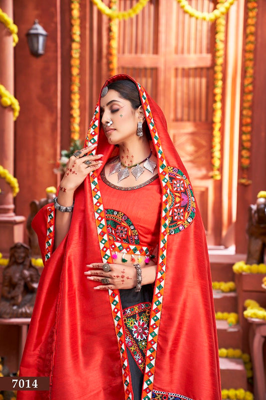 Red Rajwadi Gamthi Butta Lace Mirror Hand Work Navratri Lehenga Choli