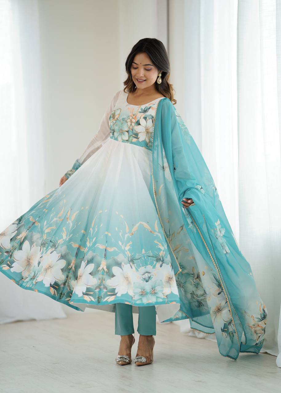 Aqua Blue Floral Printed Organza Anarkali Salwar Suit
