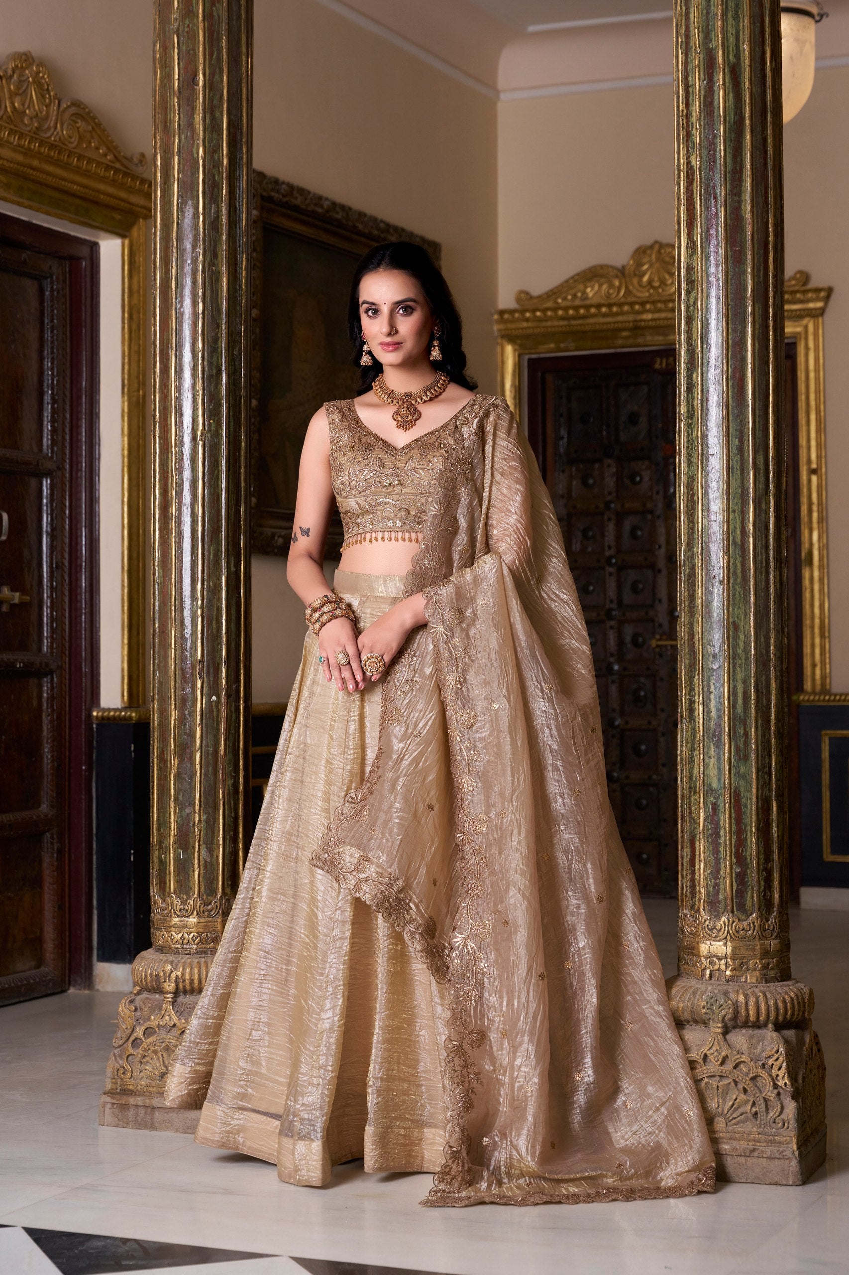 Chiku Gold Crush Lehenga with Sequins & Thread Embroidery – Designer Wedding & Party Wear Lehenga