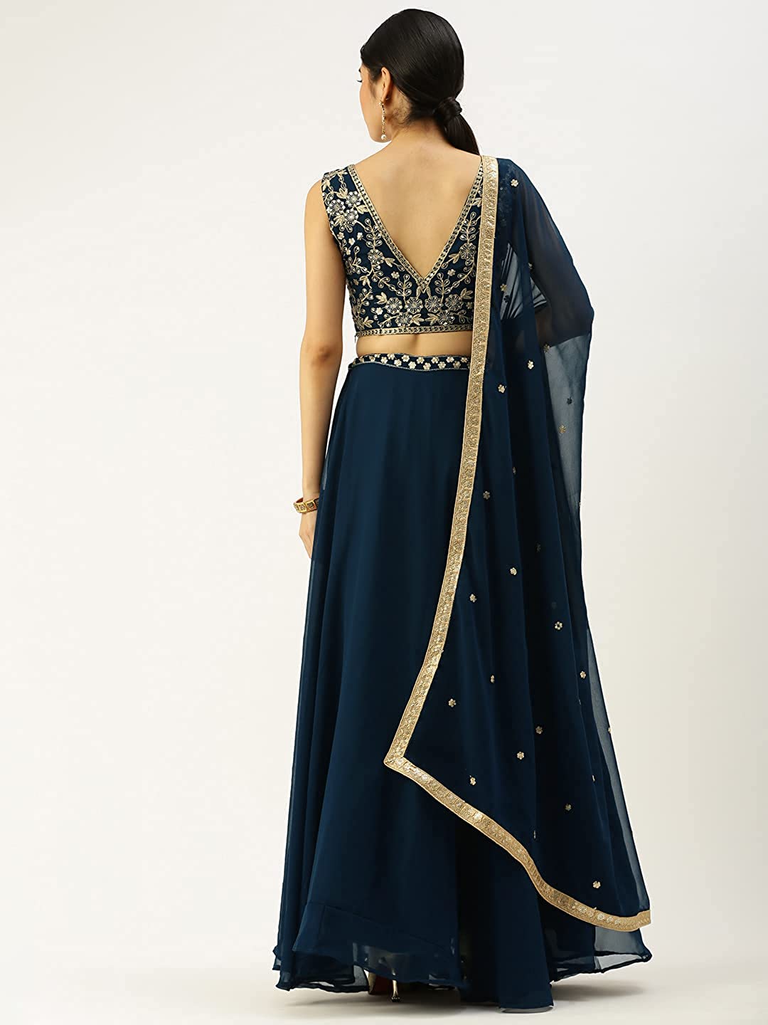 Navy Blue Georgette Sequins and Thread Embroidery Work Semi-Stitched Lehenga choli