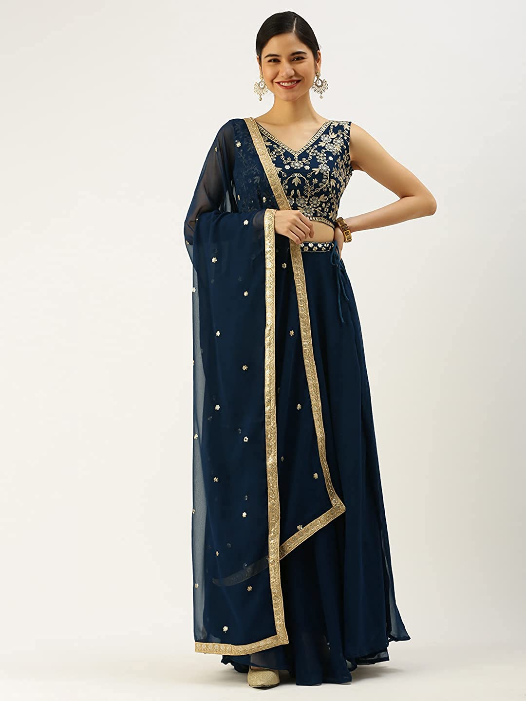 Navy Blue Georgette Sequins and Thread Embroidery Work Semi-Stitched Lehenga choli