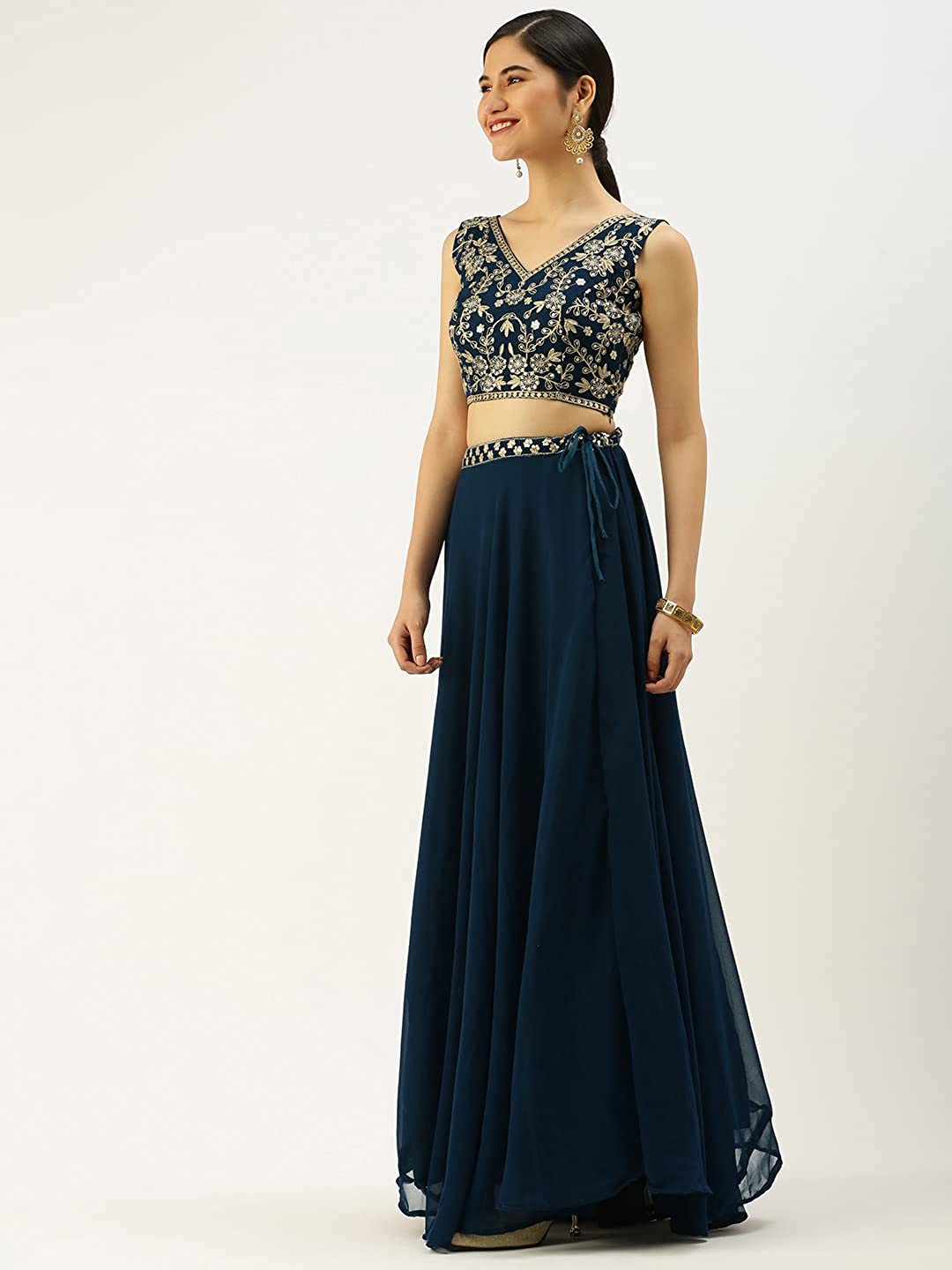 Navy Blue Georgette Sequins and Thread Embroidery Work Semi-Stitched Lehenga choli