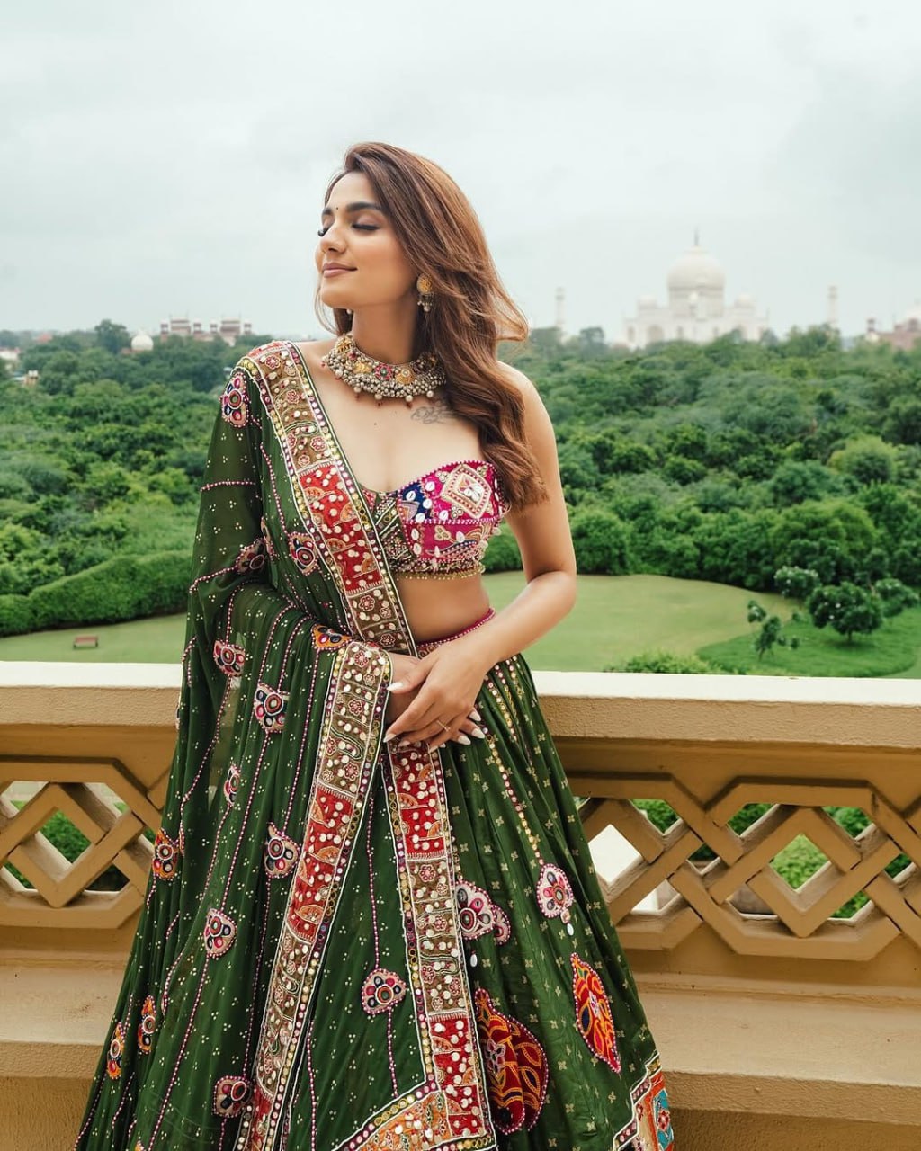 Green Beautiful Digital Print Real Mirror Work Navratri Lehenga Choli