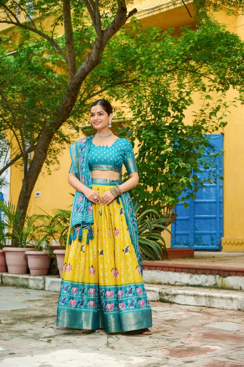 Yellow Lichi Silk Lehenga – Traditional Jacquard Border & Jari Lining with Ethnic Designer Print Set