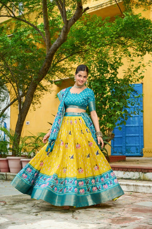 Yellow Lichi Silk Lehenga with Jacquard Border and Jari Lining Ethnic Print by The Beauty Queen Surat
