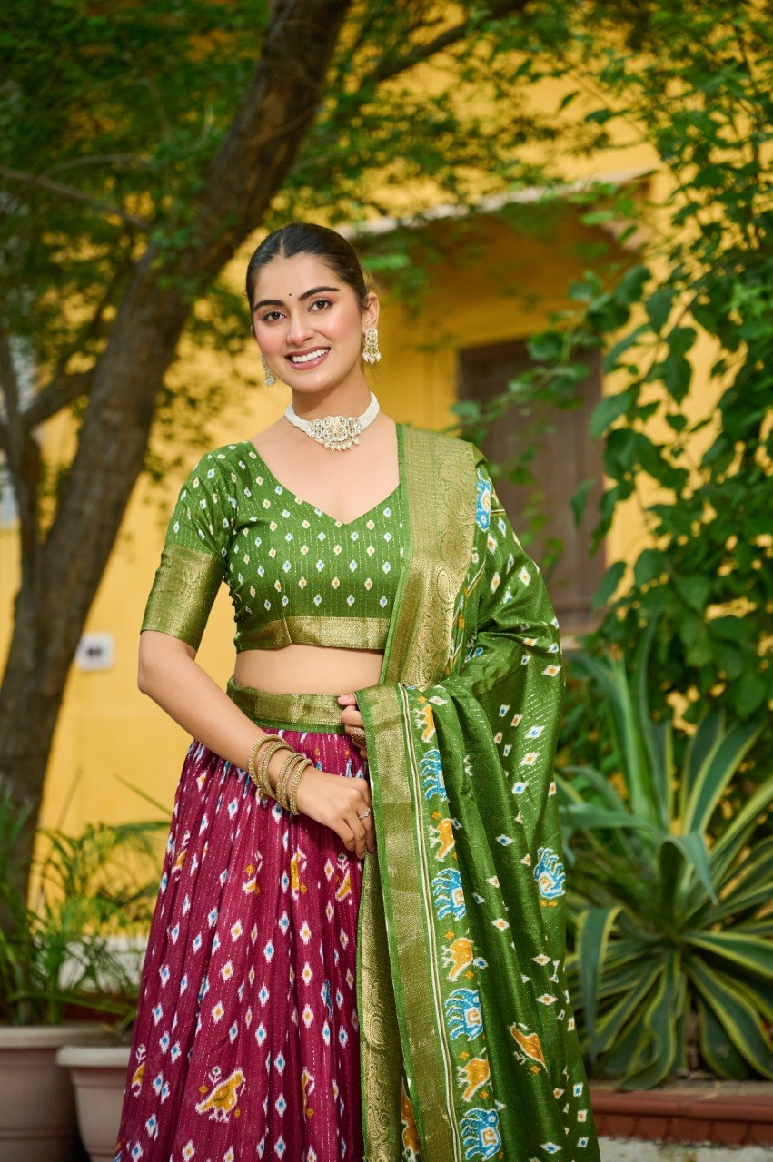 Wine Lichi Silk Lehenga – Jacquard Border & Jari Lining with Ethnic Designer Print Set