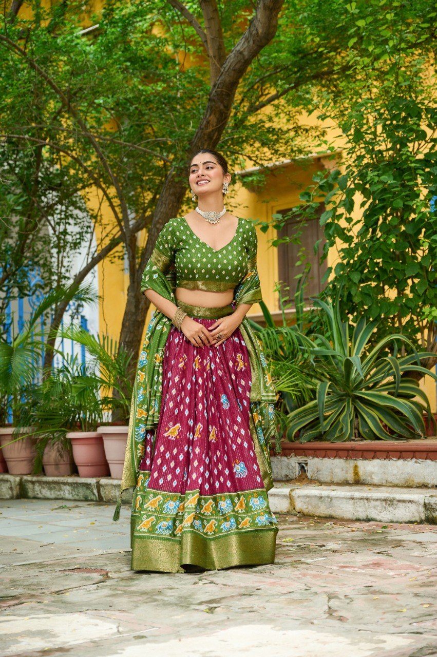 Wine Lichi Silk Lehenga – Jacquard Border & Jari Lining with Ethnic Designer Print Set