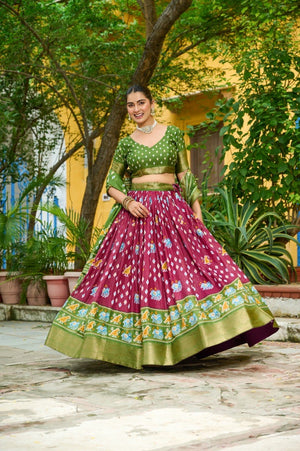 Wine Lichi Silk Lehenga with Jacquard Border and Jari Lining Print by The Beauty Queen Surat