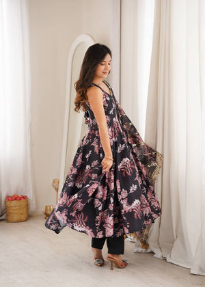 Muslin Anarkali set black floral with kali flare and scalloped sequin dupatta
