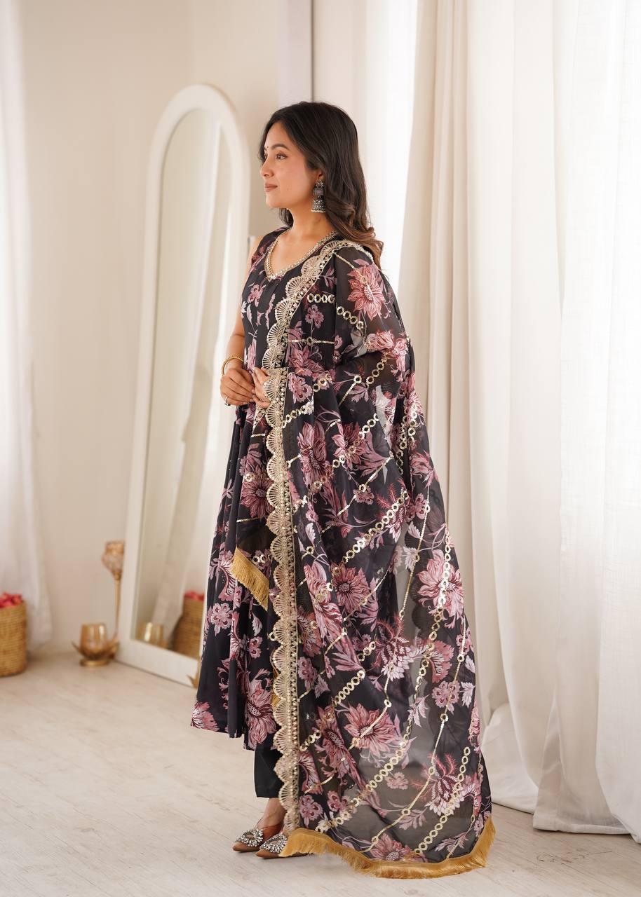 Festive black floral print Anarkali suit with sequin dupatta for receptions
