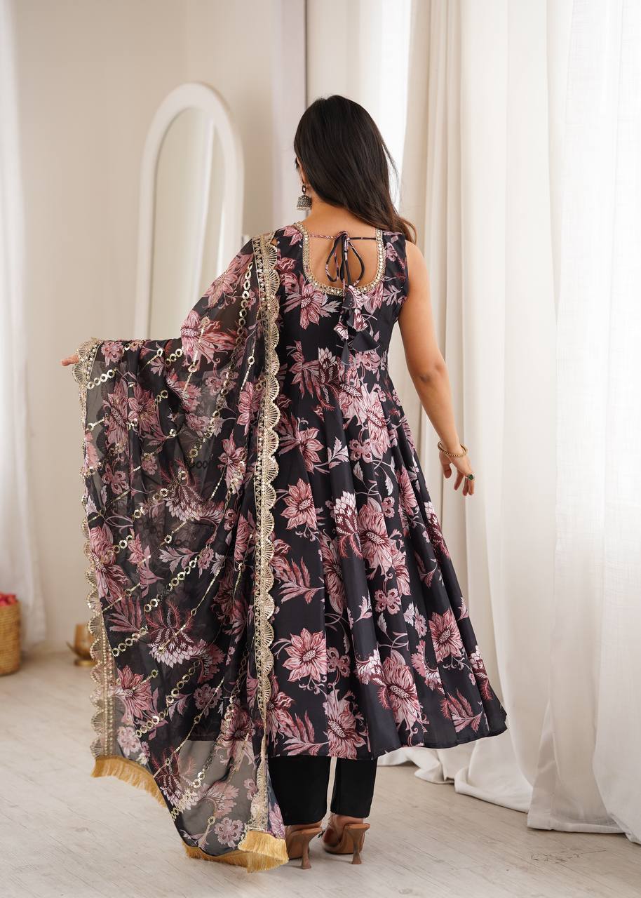 Designer black muslin floral Anarkali suit with scalloped embroidered dupatta
