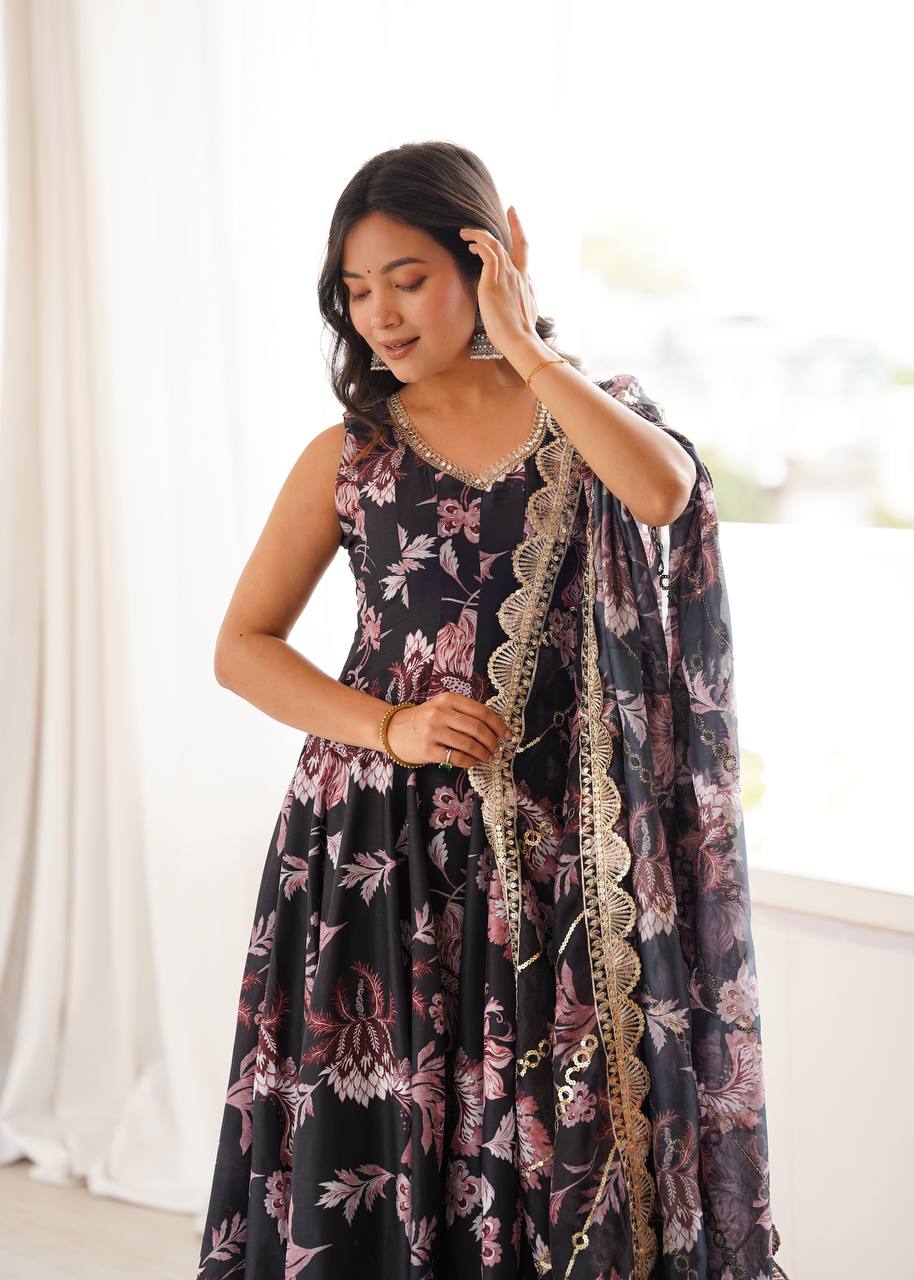 Black and pink floral Anarkali with sequin lace neckline and flared kali silhouette
