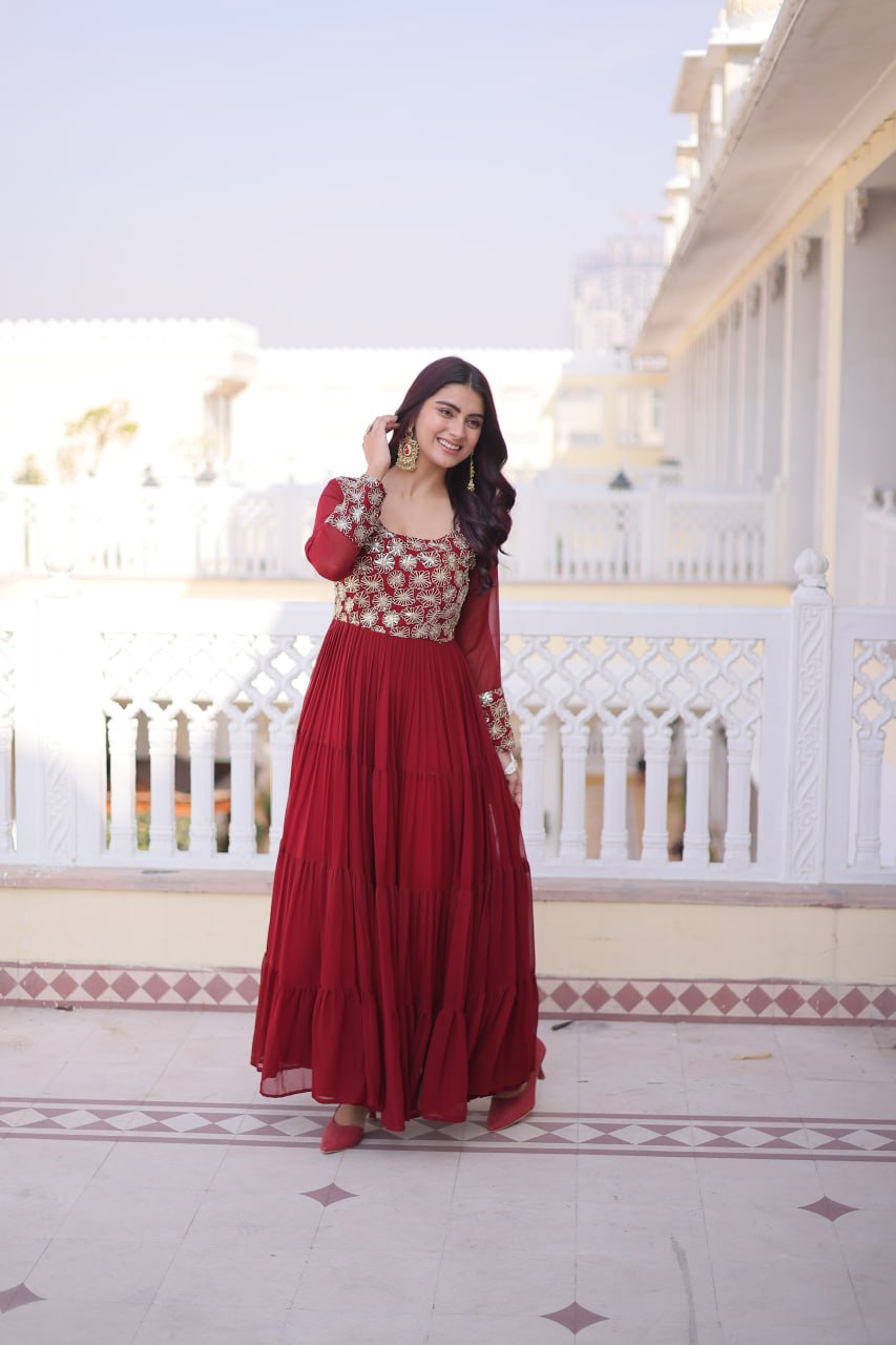 Maroon Faux Blooming Georgette Gown with Sequins Embroidery – Designer Party & Wedding Wear Gown