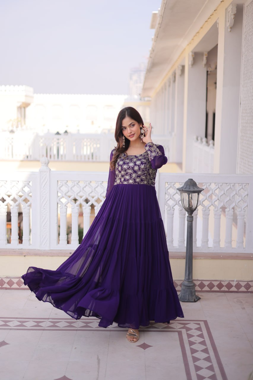 Purple Faux Blooming Georgette Gown with Sequins Embroidery – Designer Party & Wedding Wear Gown