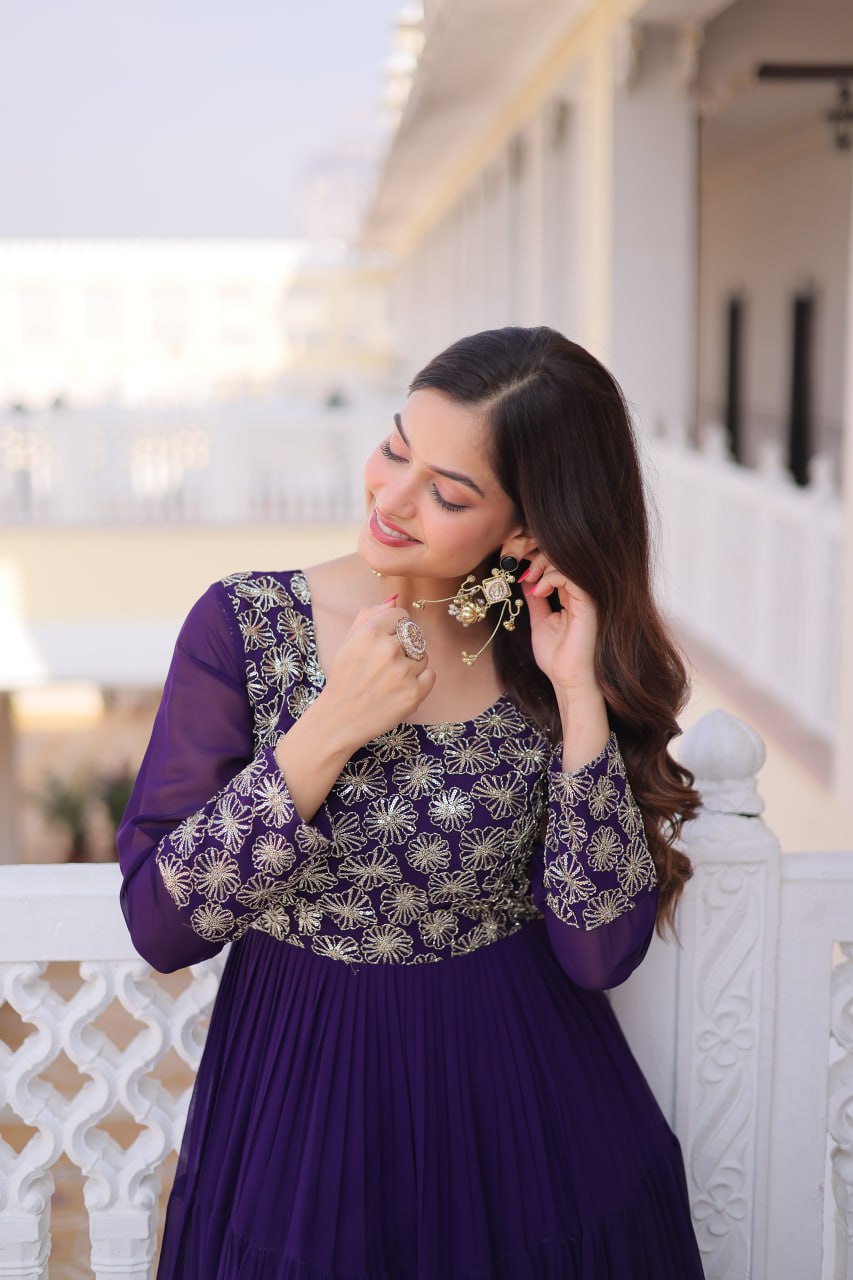 Purple Faux Blooming Georgette Gown with Sequins Embroidery – Designer Party & Wedding Wear Gown