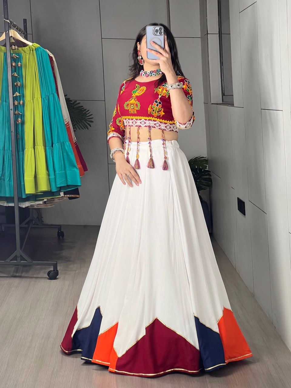 White multicolour kali Navratri chaniya choli ready to wear for dandiya
