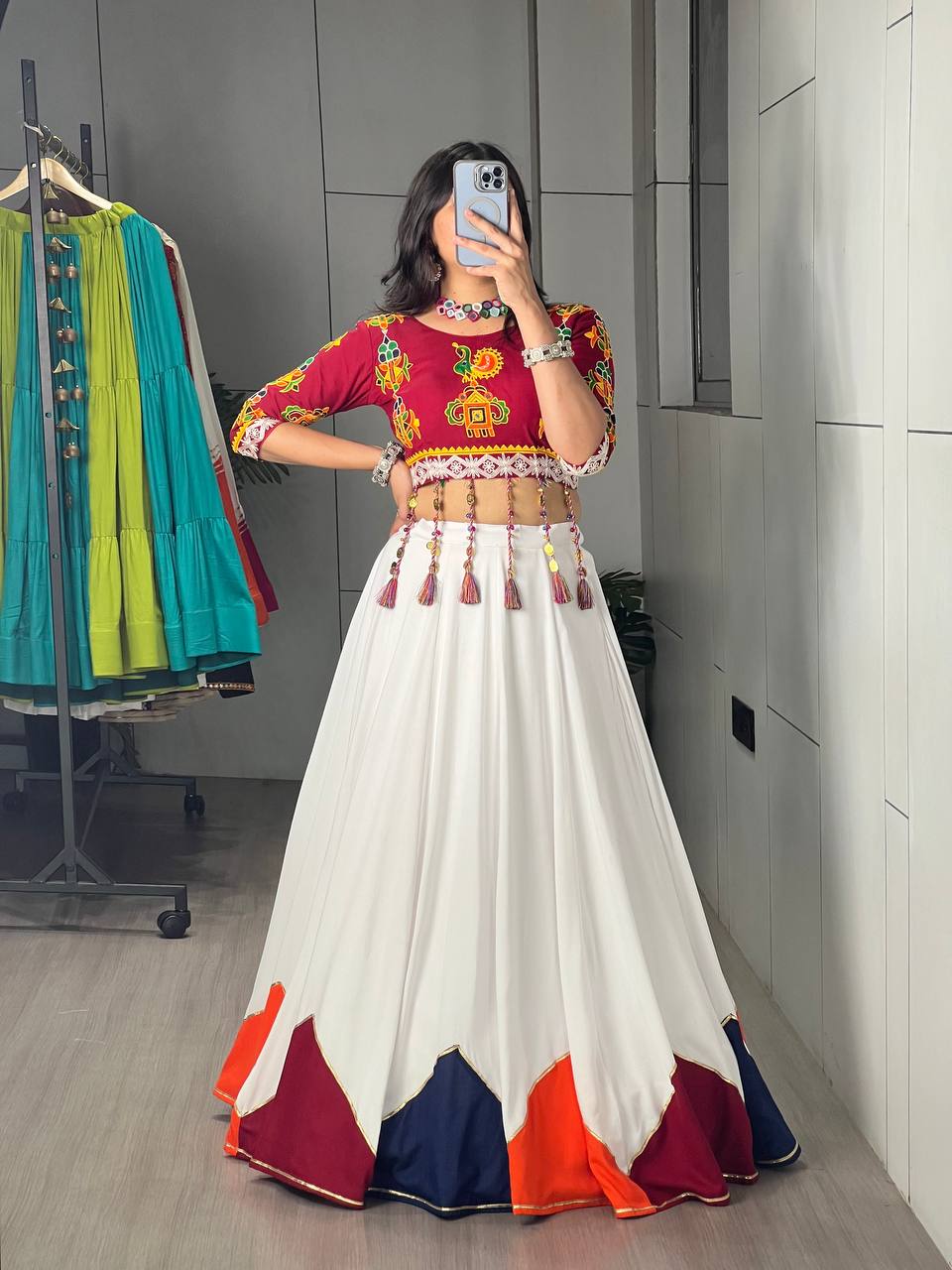 Navratri lehenga white rayon cotton with gota trim triangle kali and latkan tassels

