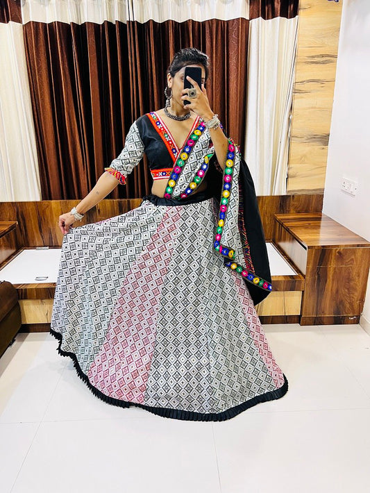White Pure Cotton Silk Printed With Emboss Work Navratri Lehenga Choli