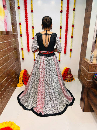 White Pure Cotton Silk Printed With Emboss Work Navratri Lehenga Choli