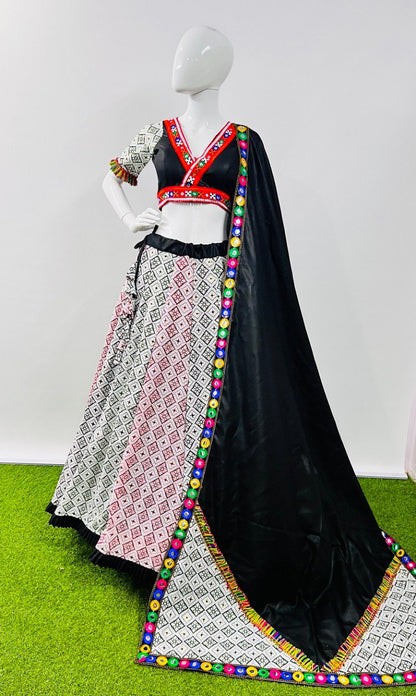 White Pure Cotton Silk Printed With Emboss Work Navratri Lehenga Choli