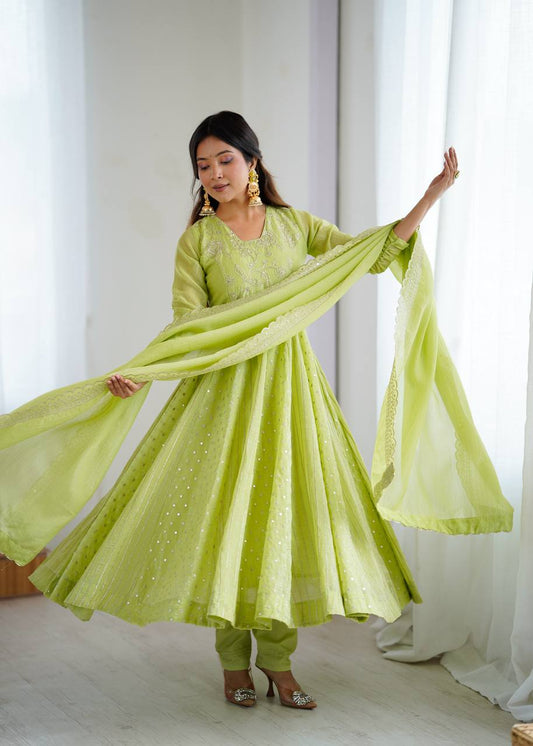 Light Green Crunchy Silk Embroidery Sequence Work Anarkali Salwar Suit