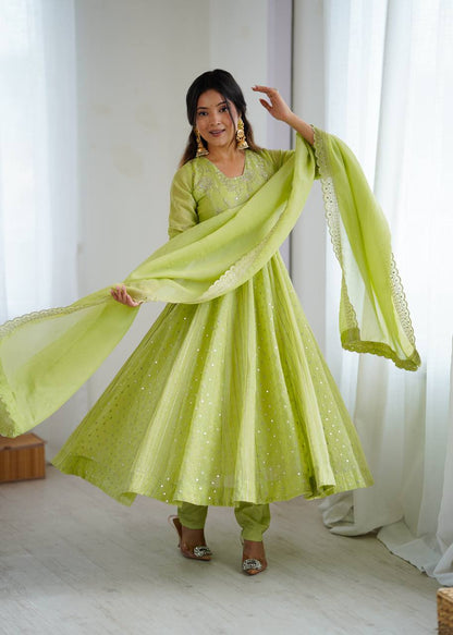 Light Green Crunchy Silk Embroidery Sequence Work Anarkali Salwar Suit