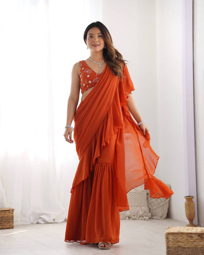Rust Pure Fox Georgette Emrboidey Jari Work Sharara Saree
