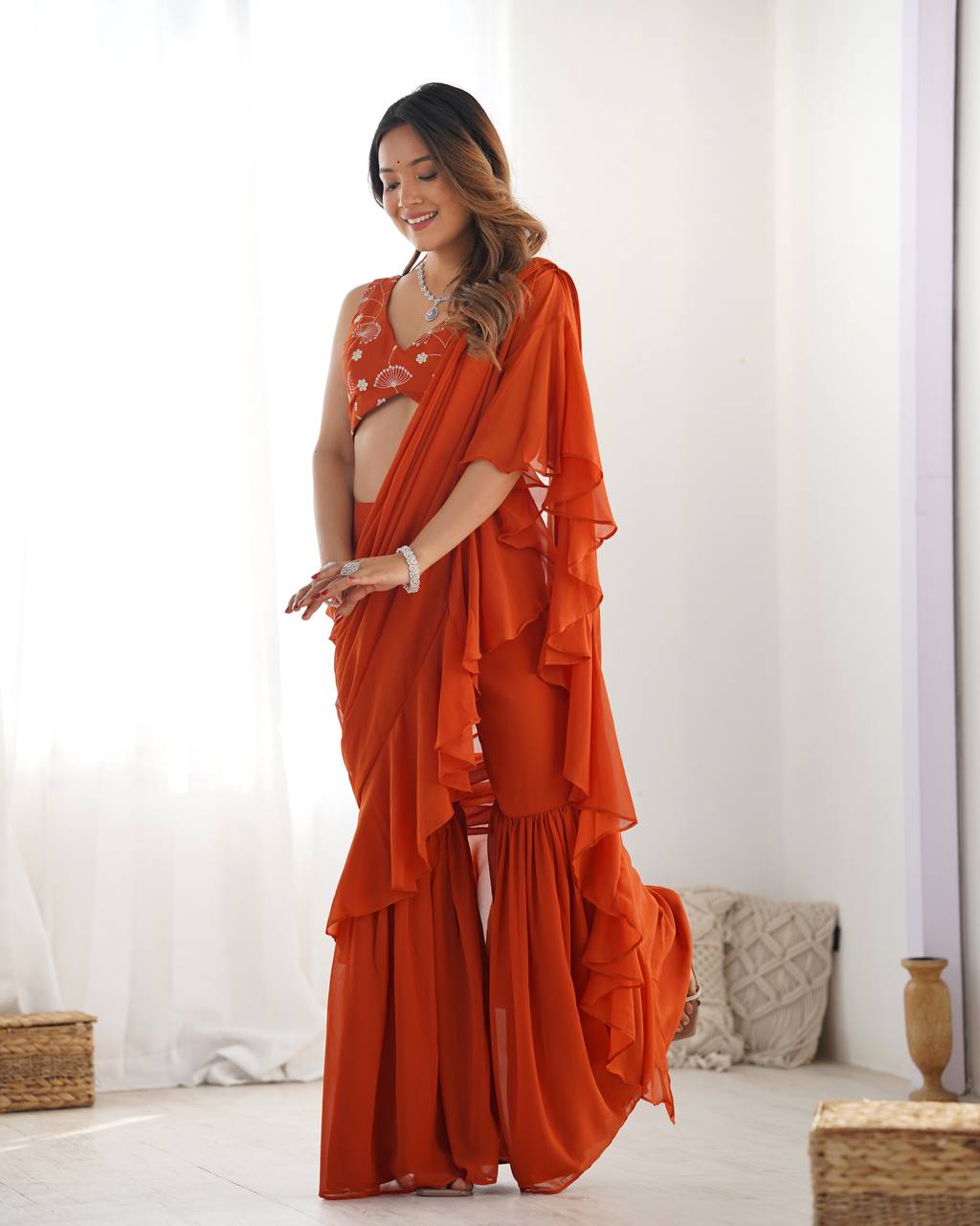 Rust Pure Fox Georgette Emrboidey Jari Work Sharara Saree
