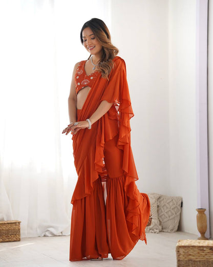 Rust Pure Fox Georgette Emrboidey Jari Work Sharara Saree