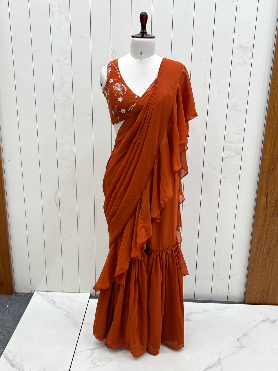 Rust Pure Fox Georgette Emrboidey Jari Work Sharara Saree
