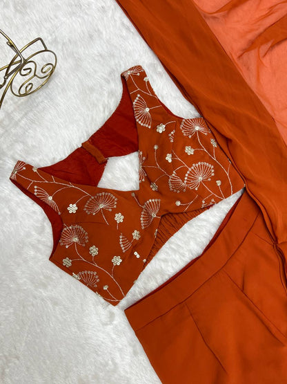 Rust Pure Fox Georgette Emrboidey Jari Work Sharara Saree