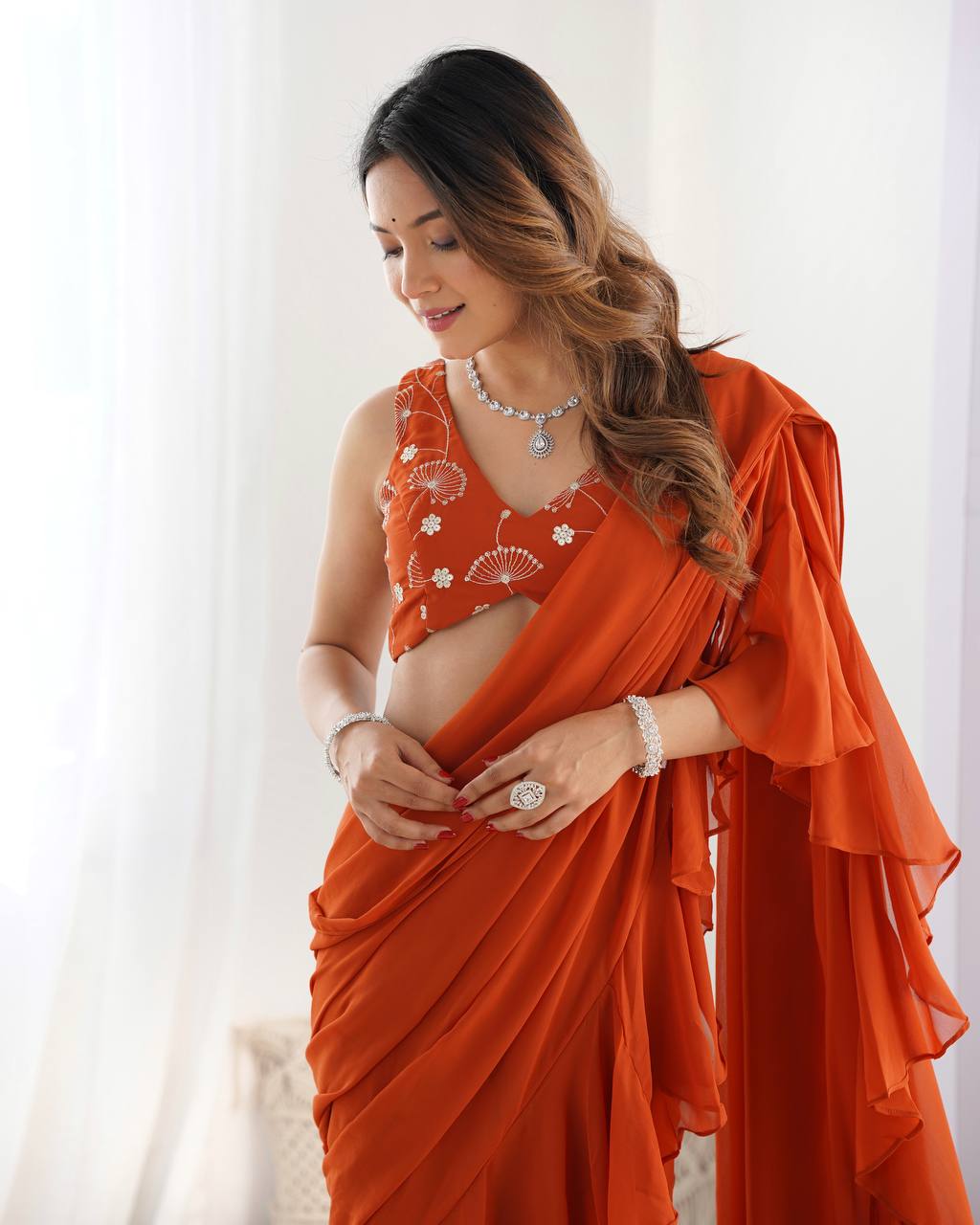Rust Pure Fox Georgette Emrboidey Jari Work Sharara Saree