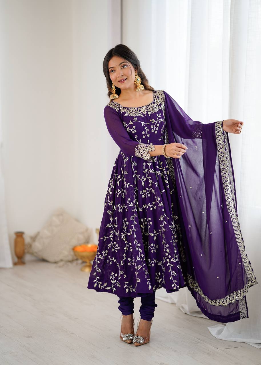Purple Georgette Embroidery Sequence Work Fully Flair Anarkali Salwar Suit