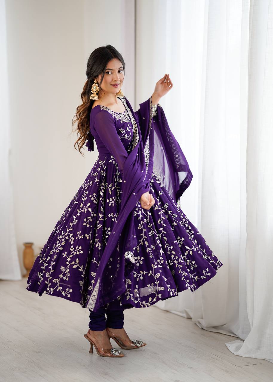 Purple Georgette Embroidery Sequence Work Fully Flair Anarkali Salwar Suit