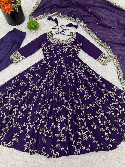 Purple Georgette Embroidery Sequence Work Fully Flair Anarkali Salwar Suit