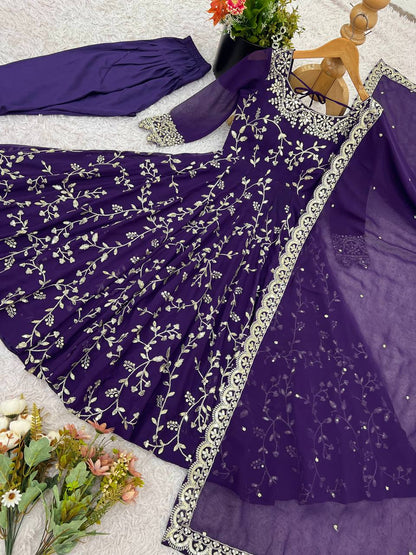 Purple Georgette Embroidery Sequence Work Fully Flair Anarkali Salwar Suit