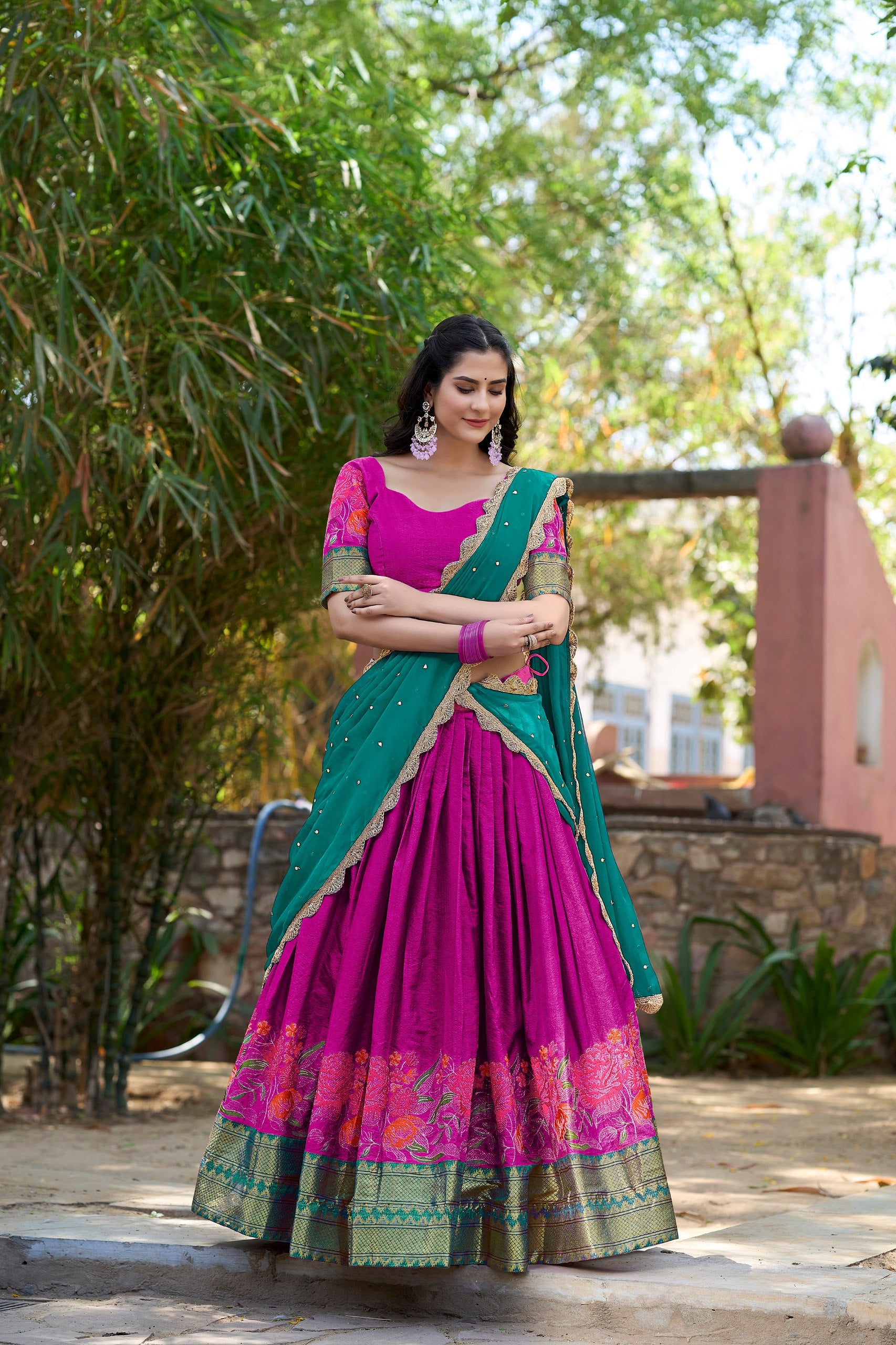 Pink Cotton Silk Thread Embroidery Work Lehenga Choli