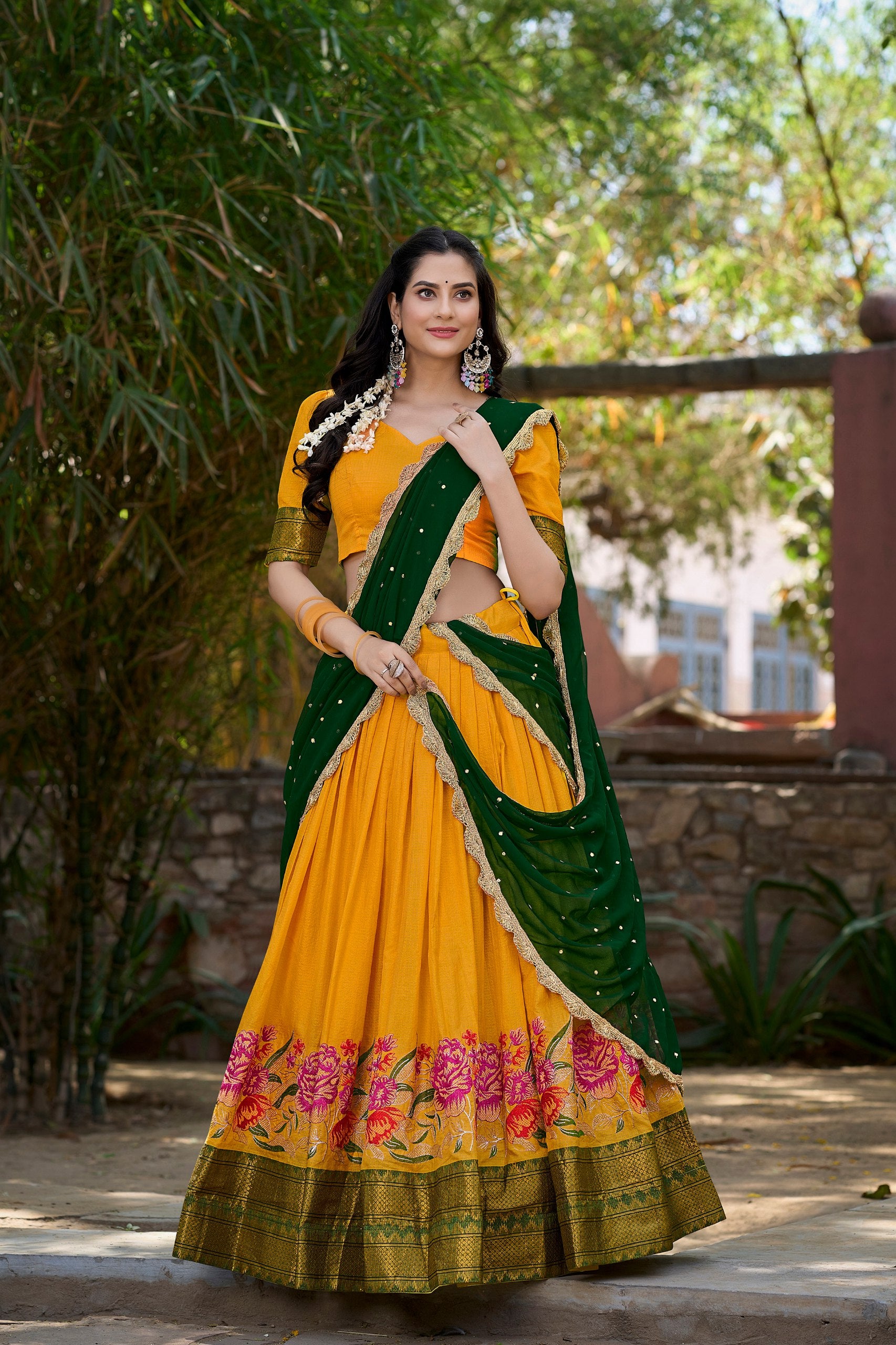 Yellow Cotton Silk Thread Embroidery Work Lehenga Choli