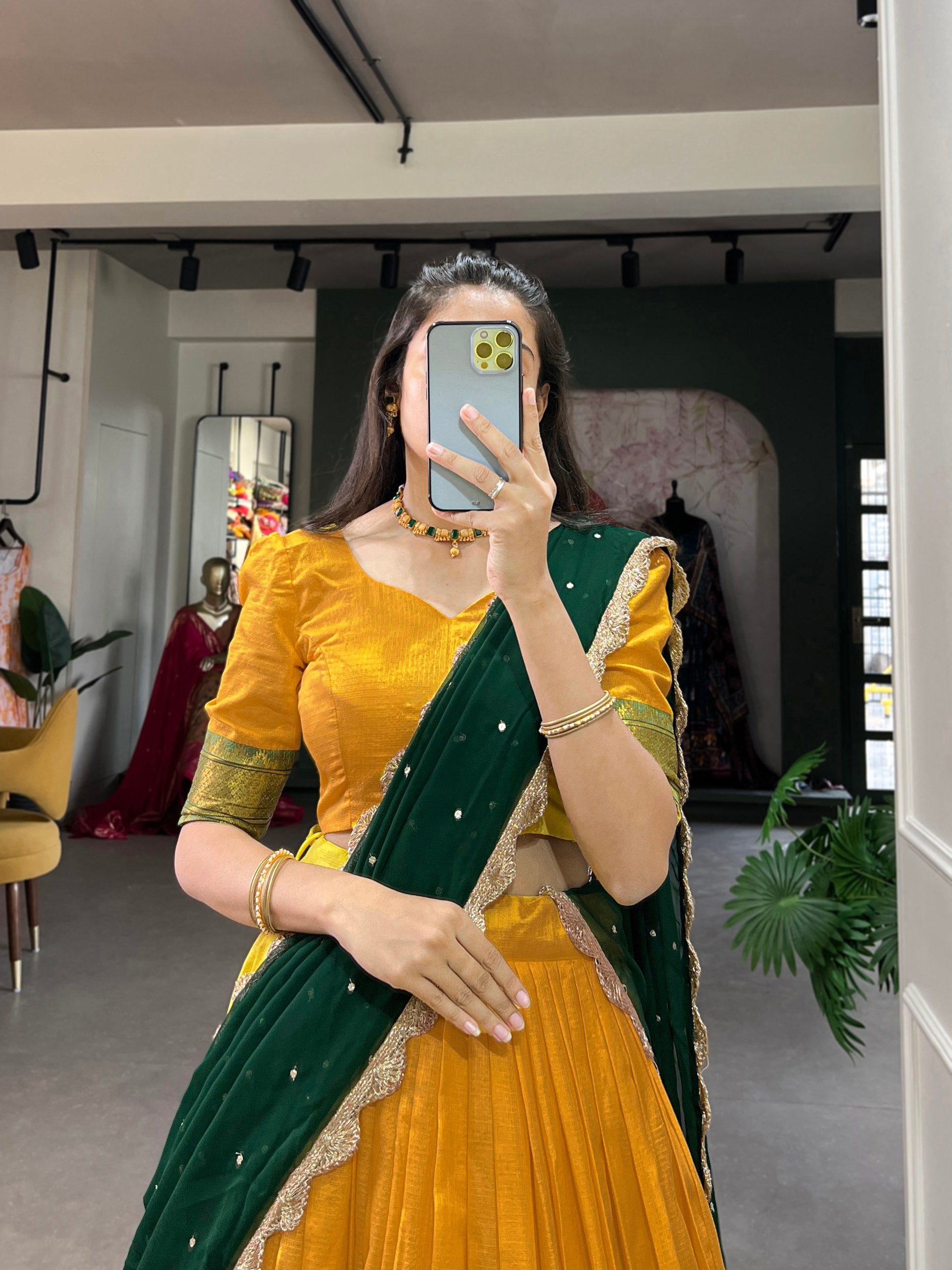 Yellow Cotton Silk Thread Embroidery Work Lehenga Choli