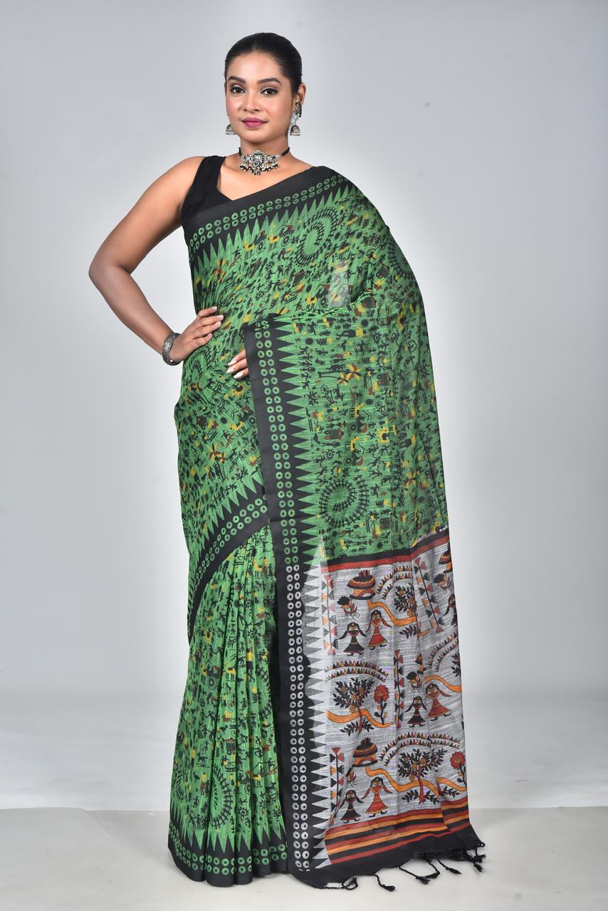 Green Premium Lilan Cotton With Fine Digital Print Saree