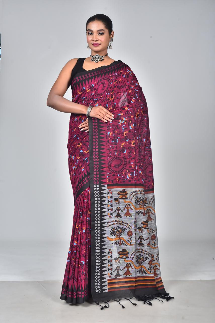 Pink Premium Lilan Cotton With Fine Digital Print Saree