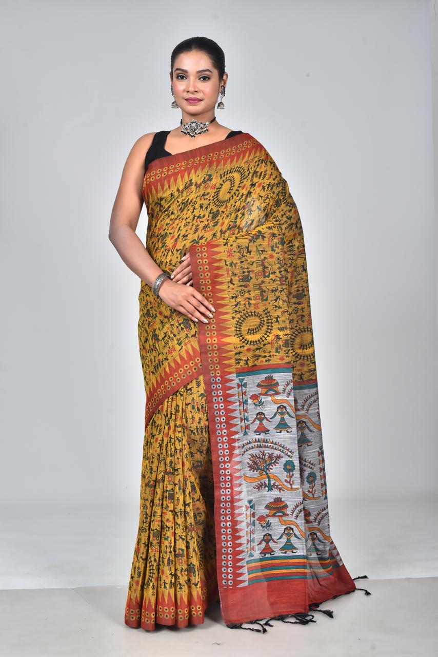 Yellow Premium Lilan Cotton With Fine Digital Print Saree