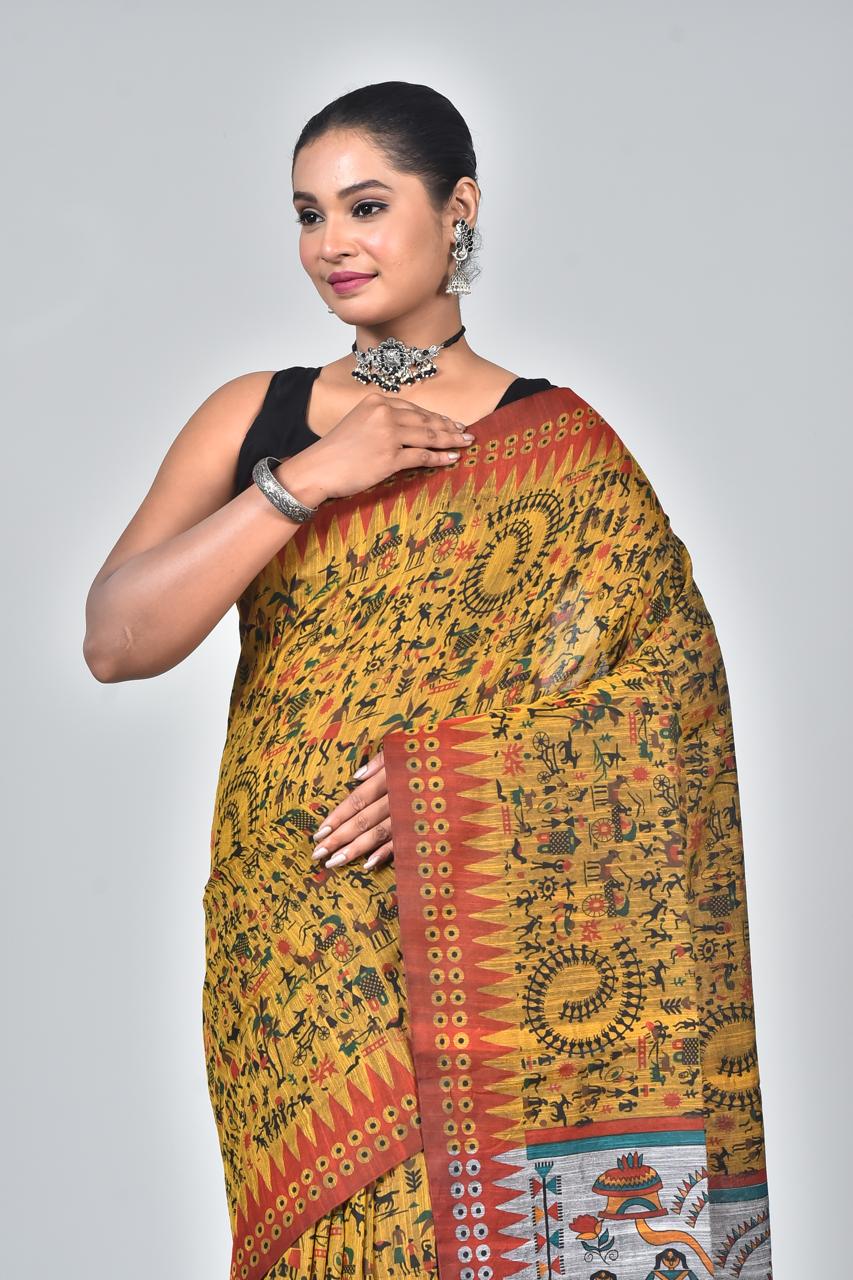 Yellow Premium Lilan Cotton With Fine Digital Print Saree