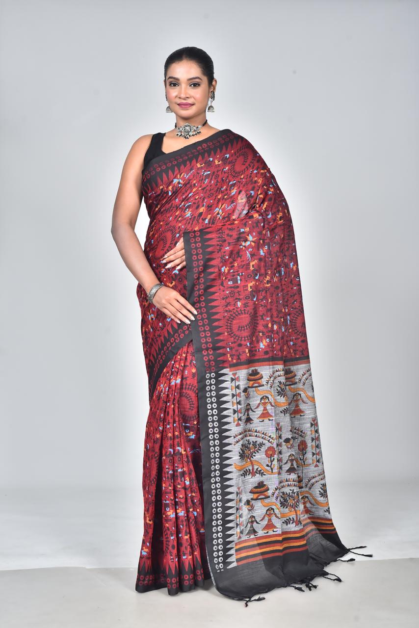 Maroon Premium Lilan Cotton With Fine Digital Print Saree