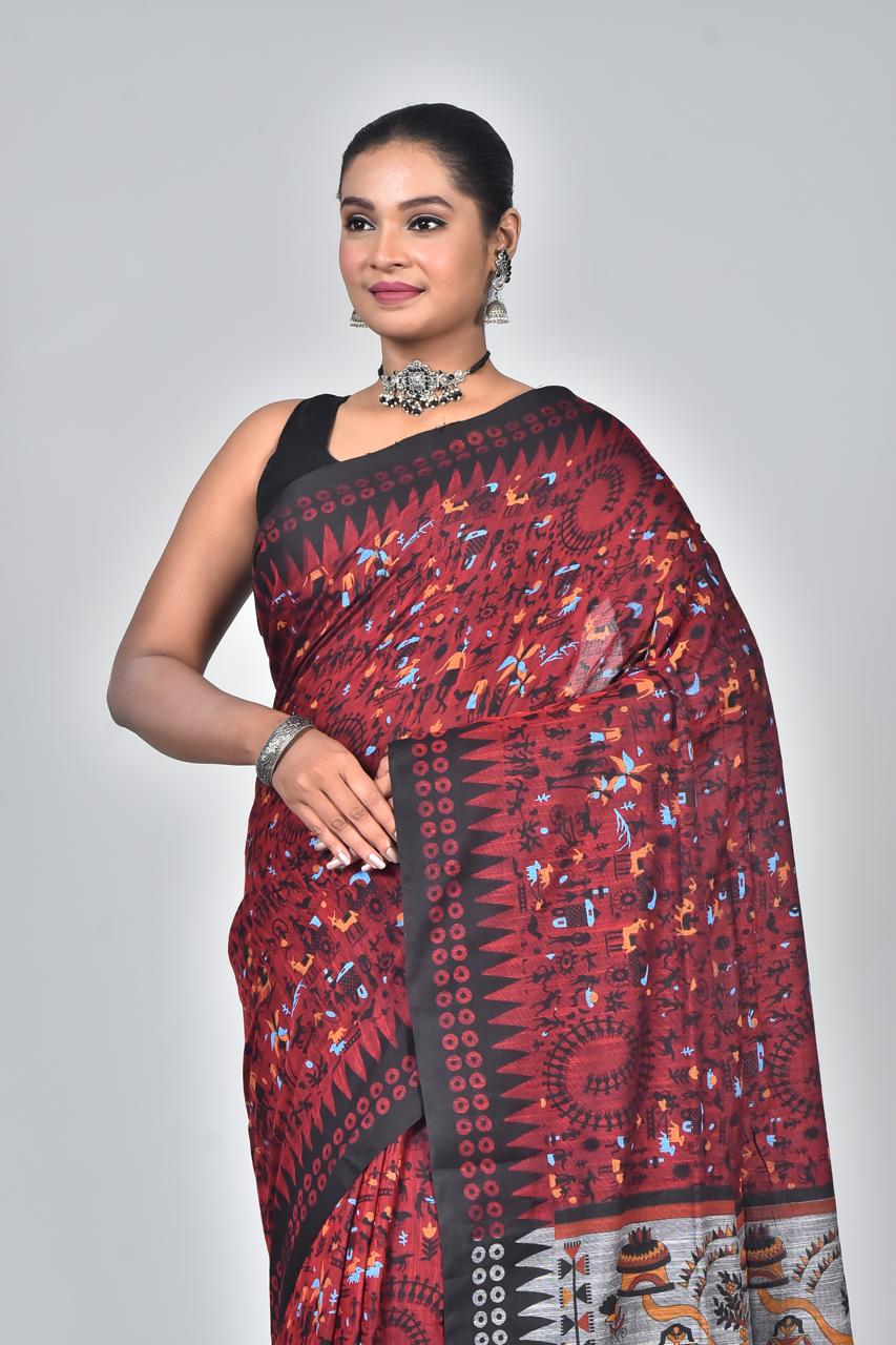 Maroon Premium Lilan Cotton With Fine Digital Print Saree