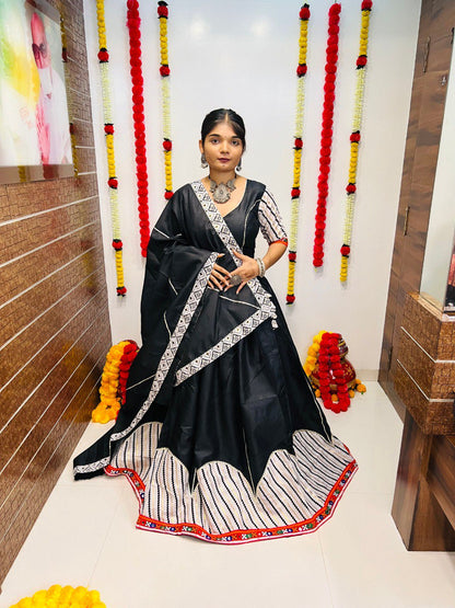 Black Pure Cotton Silk Printed With Gotta Patti and Gamthi Lace Work Navratri Lehenga Choli