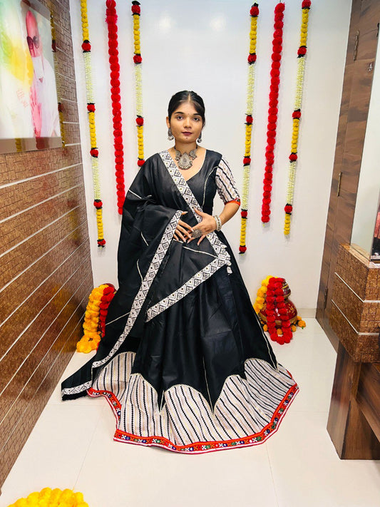 Black Pure Cotton Silk Printed With Gotta Patti and Gamthi Lace Work Navratri Lehenga Choli