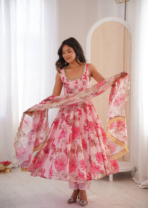 Baby Pink Pure Muslin Anarkali Suit featuring a Kali cut flare, vibrant deep pink floral prints, and a scallop border dupatta by The Beauty Queen