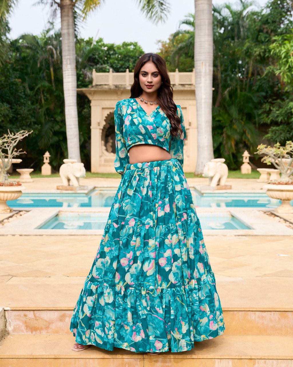 Tea Green Georgette Chex Floral Print Stitched With Canvas Lehenga